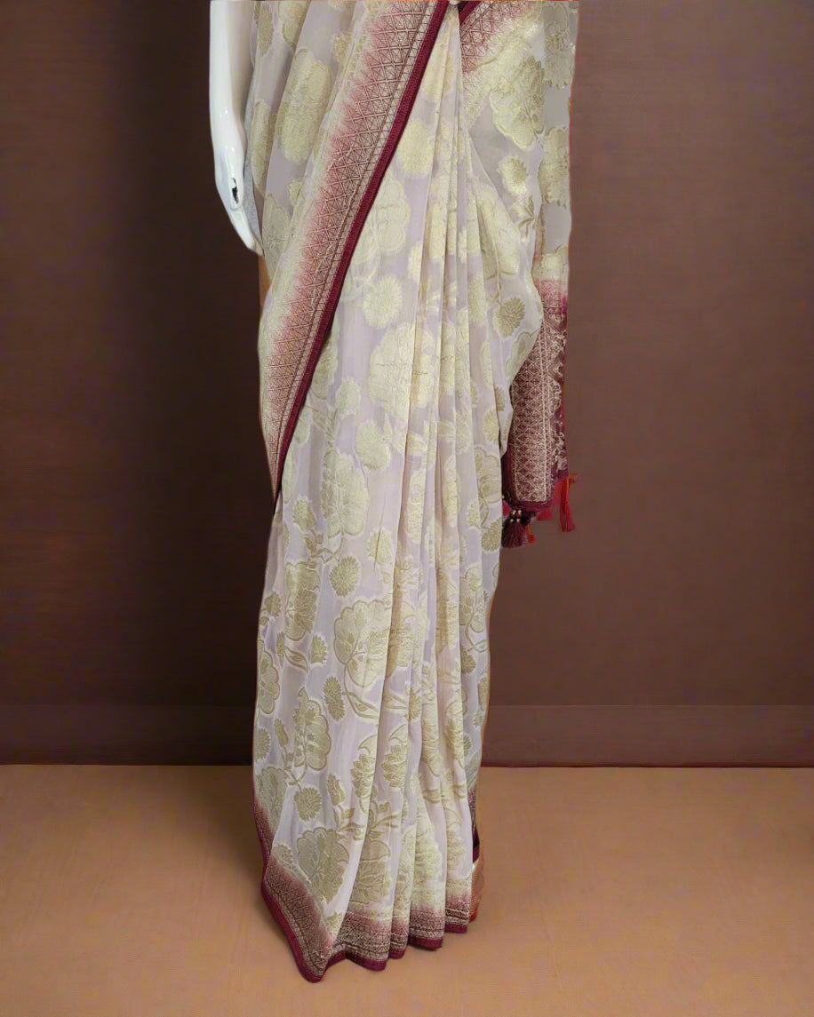 Cream Bahaar Banarasi Georgette Saree