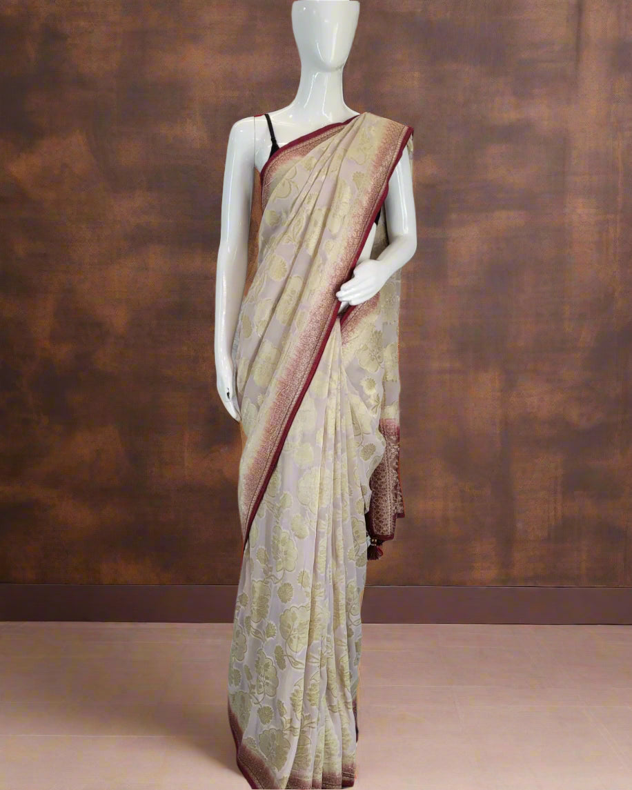 Cream Bahaar Banarasi Georgette Saree