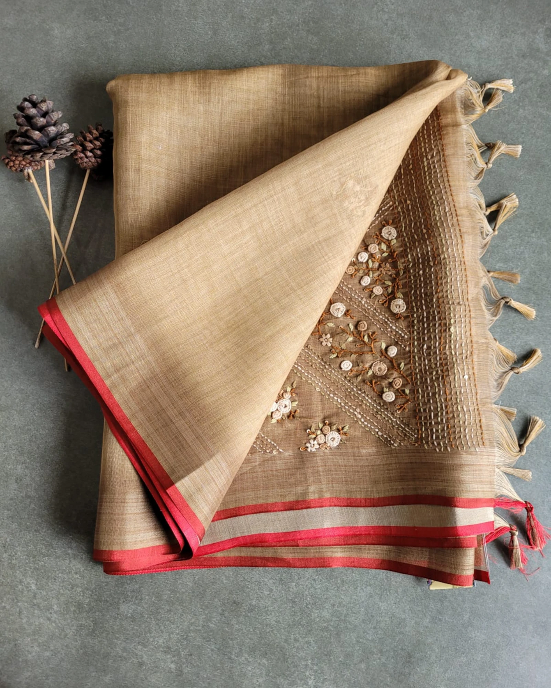 Cream Anika Linen Saree