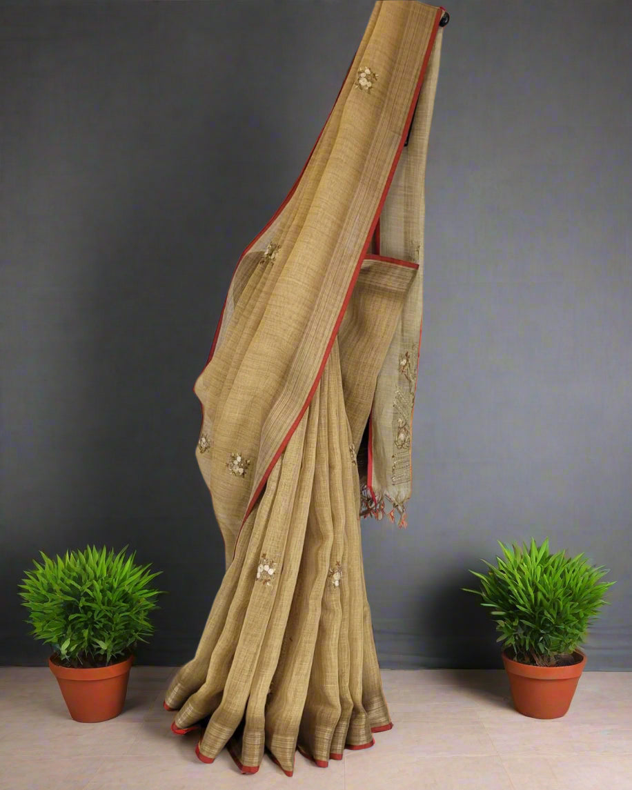 Cream Anika Linen Saree