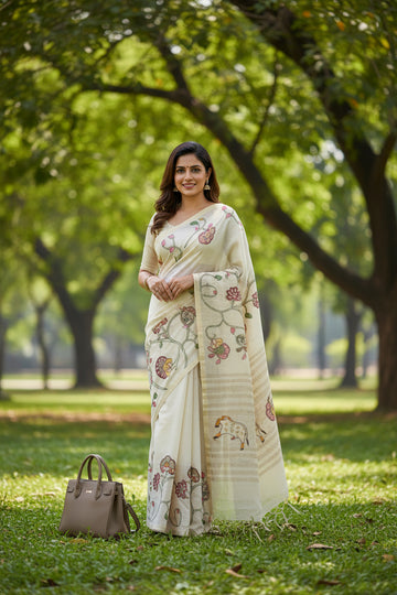 White Semi Tussar Applique Saree ST001