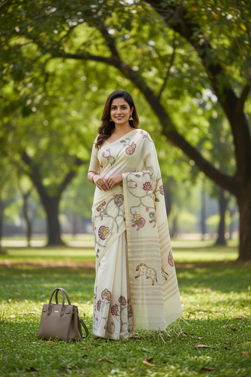 White Semi Tussar Applique Saree ST001