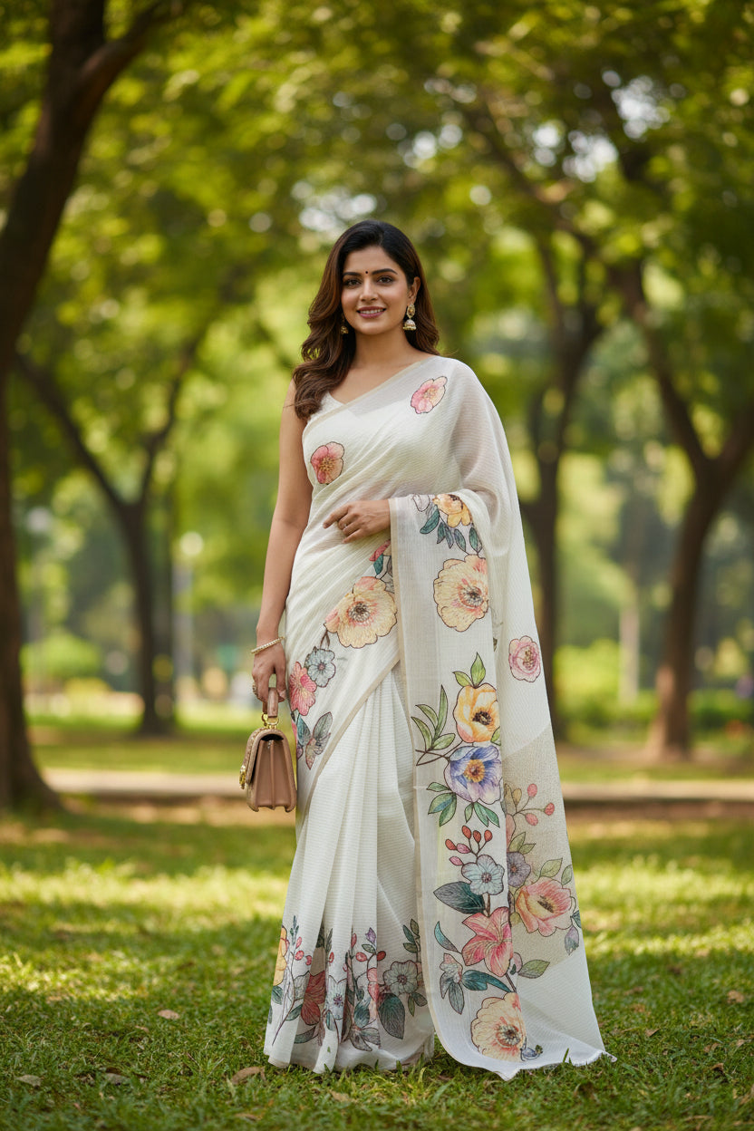 White Semi Tussar Applique Saree ST001