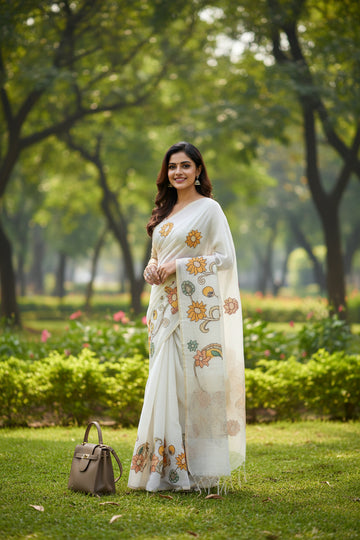 White Semi Tussar Applique Saree ST001