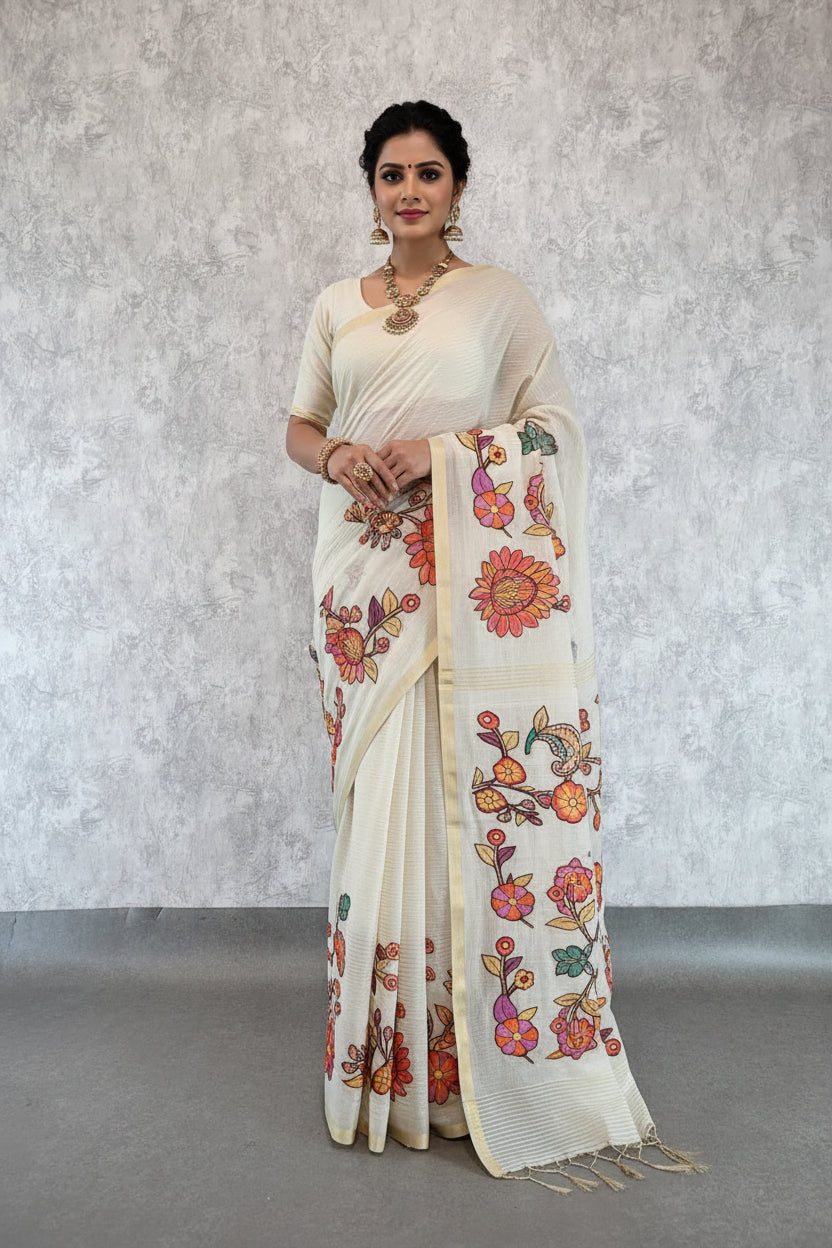 White Semi Tussar Applique Saree ST001