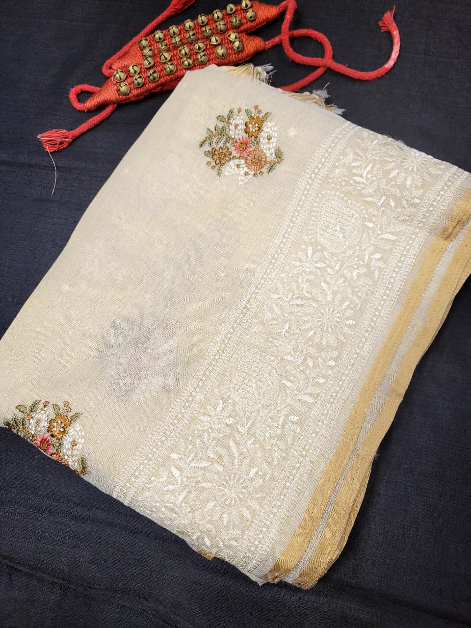 Biege Embriodered Linen Saree
