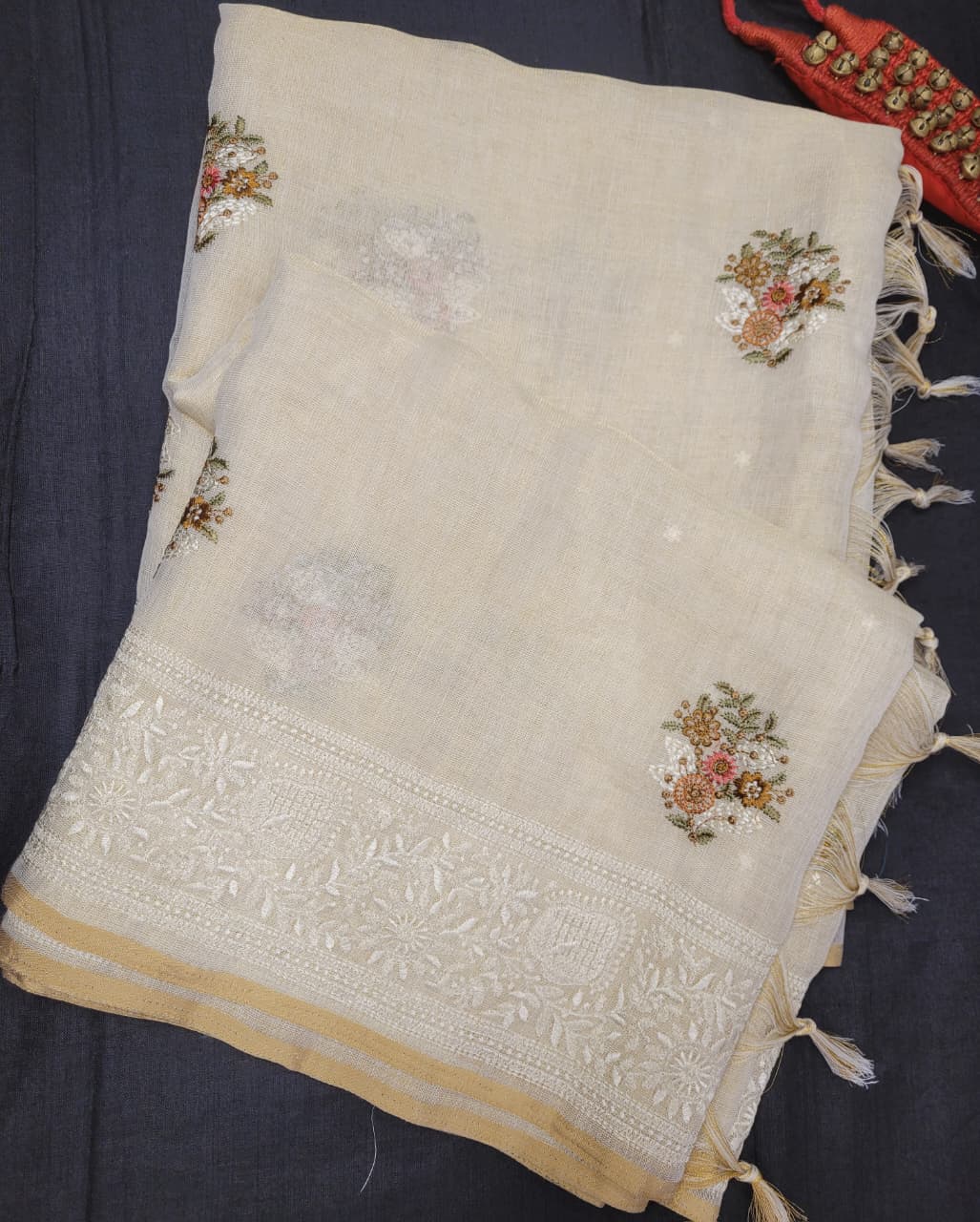 Biege Embriodered Linen Saree