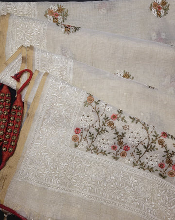 Biege Embriodered Linen Saree