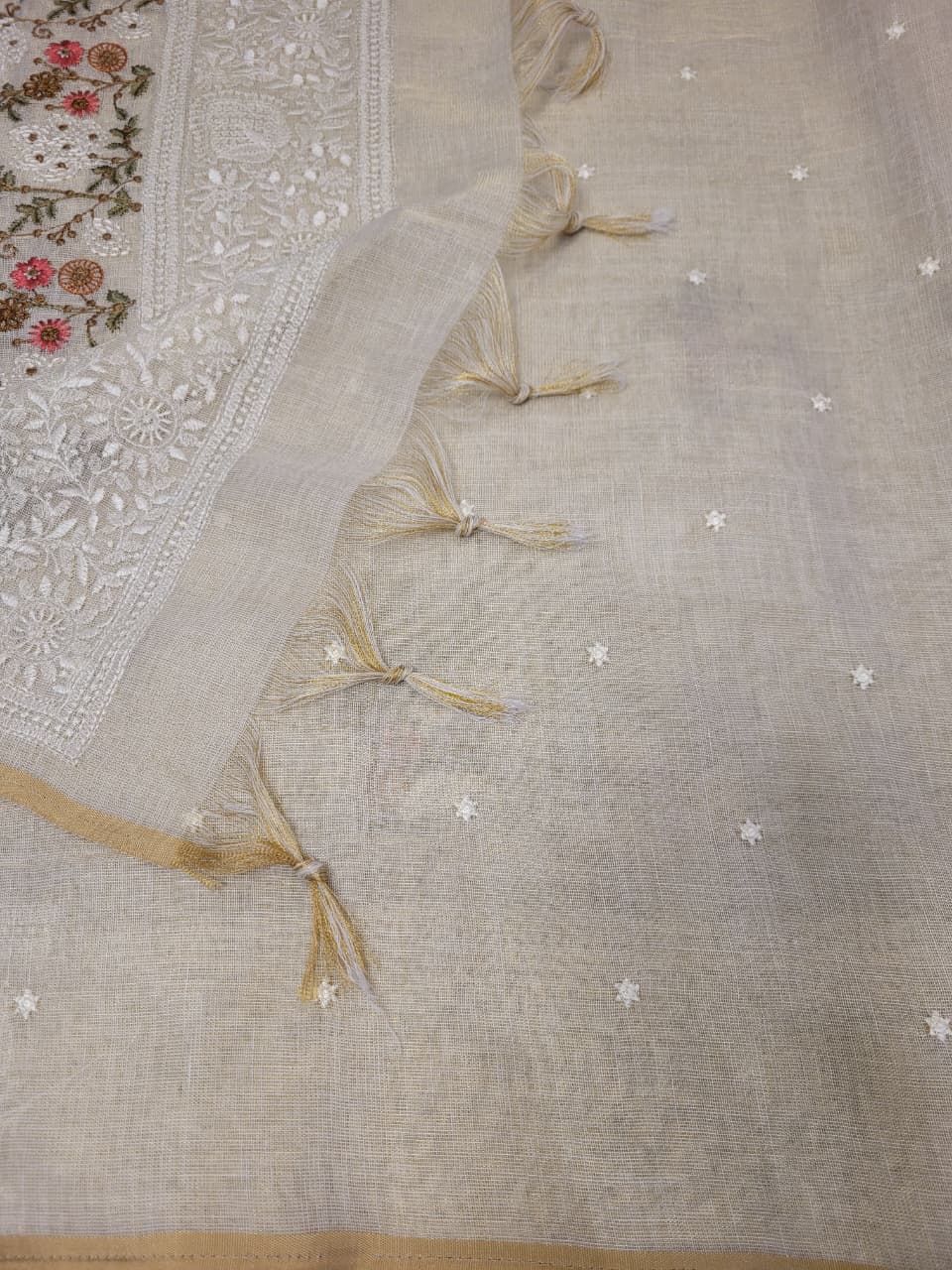 Biege Embriodered Linen Saree