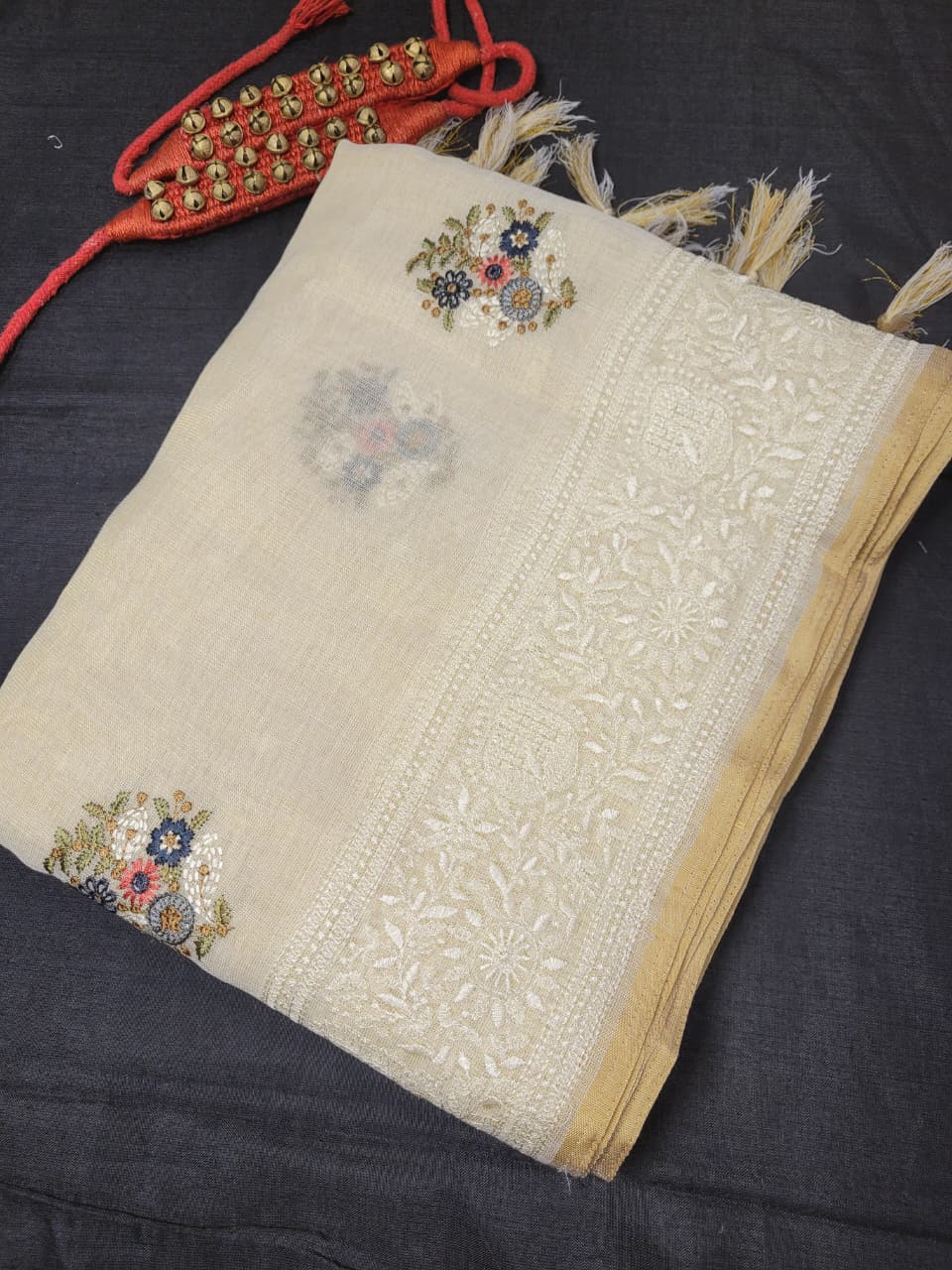 Biege2 Embriodered Linen Saree