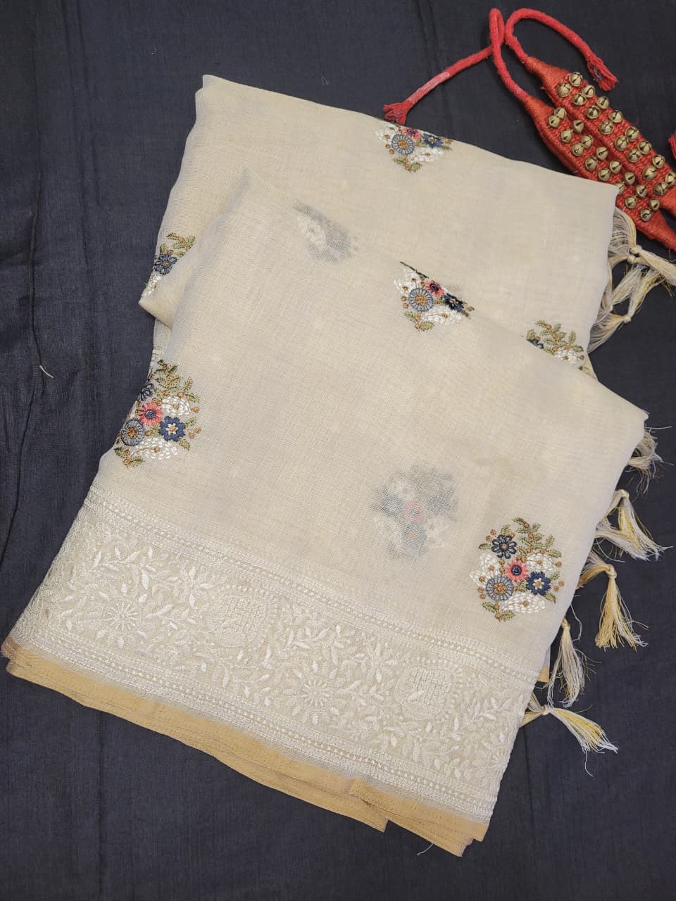 Biege2 Embriodered Linen Saree