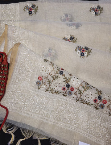 Biege2 Embriodered Linen Saree