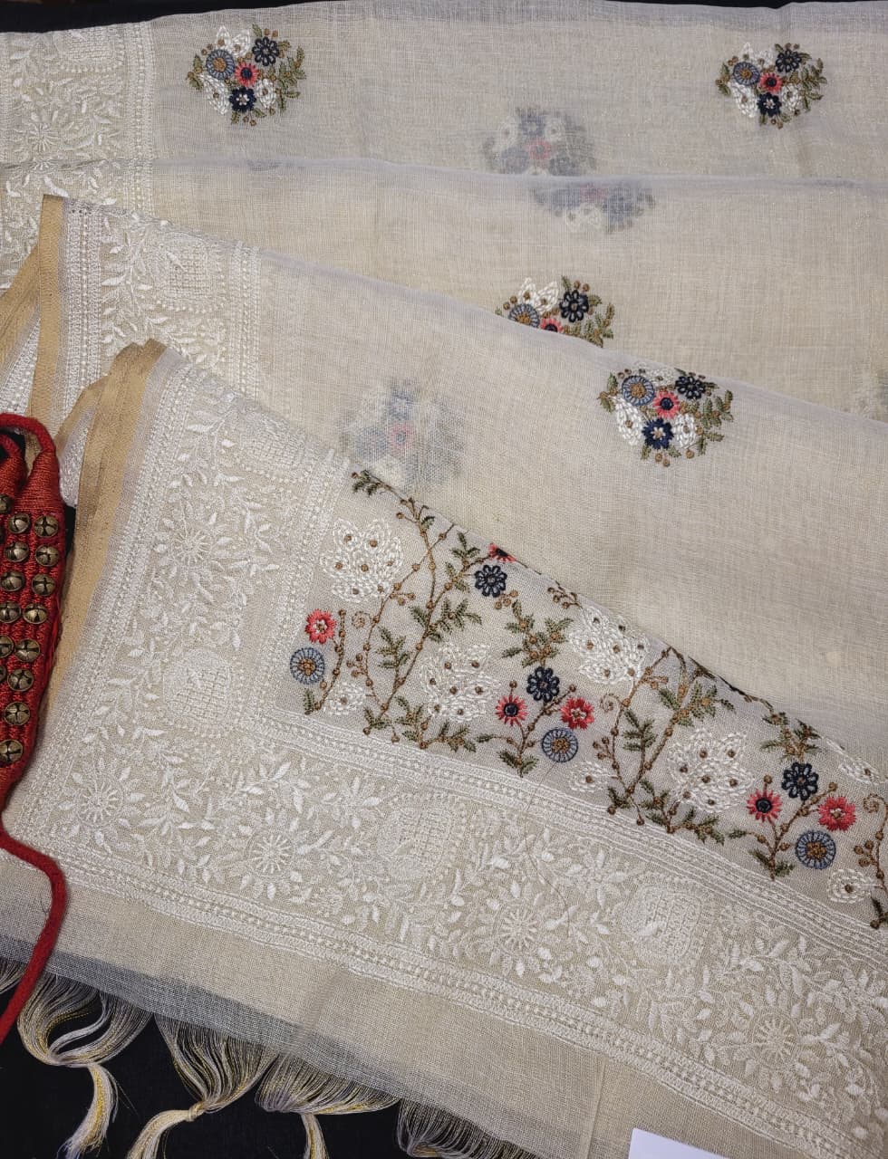 Biege2 Embriodered Linen Saree