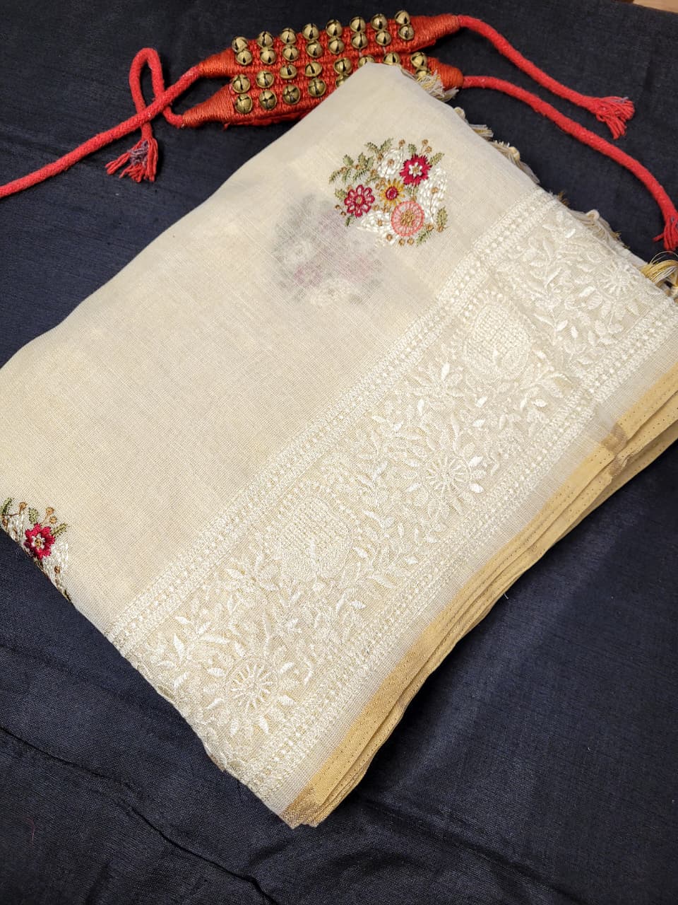 Biege3 Embriodered Linen Saree