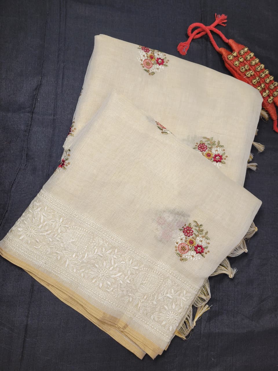 Biege3 Embriodered Linen Saree