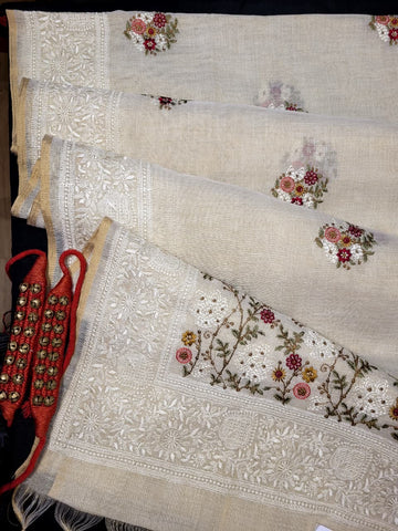 Biege3 Embriodered Linen Saree