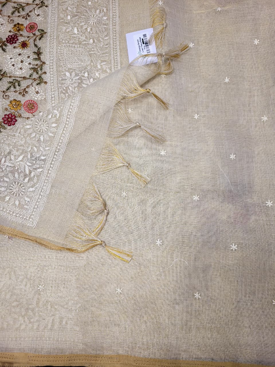 Biege3 Embriodered Linen Saree