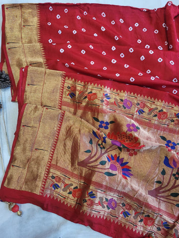 Red Bandhani Paithani Saree