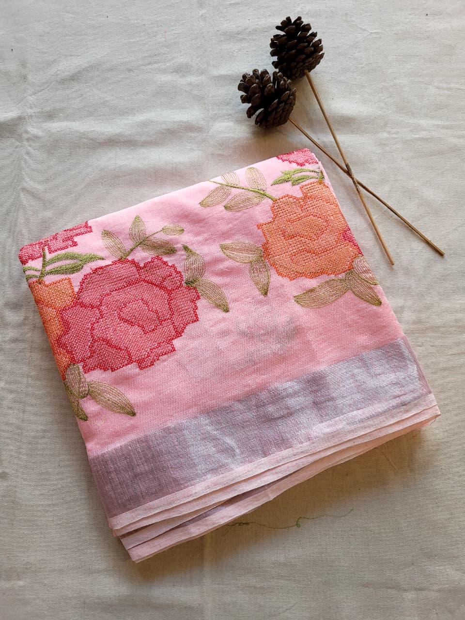 Baby Pink Triveni Mul Saree
