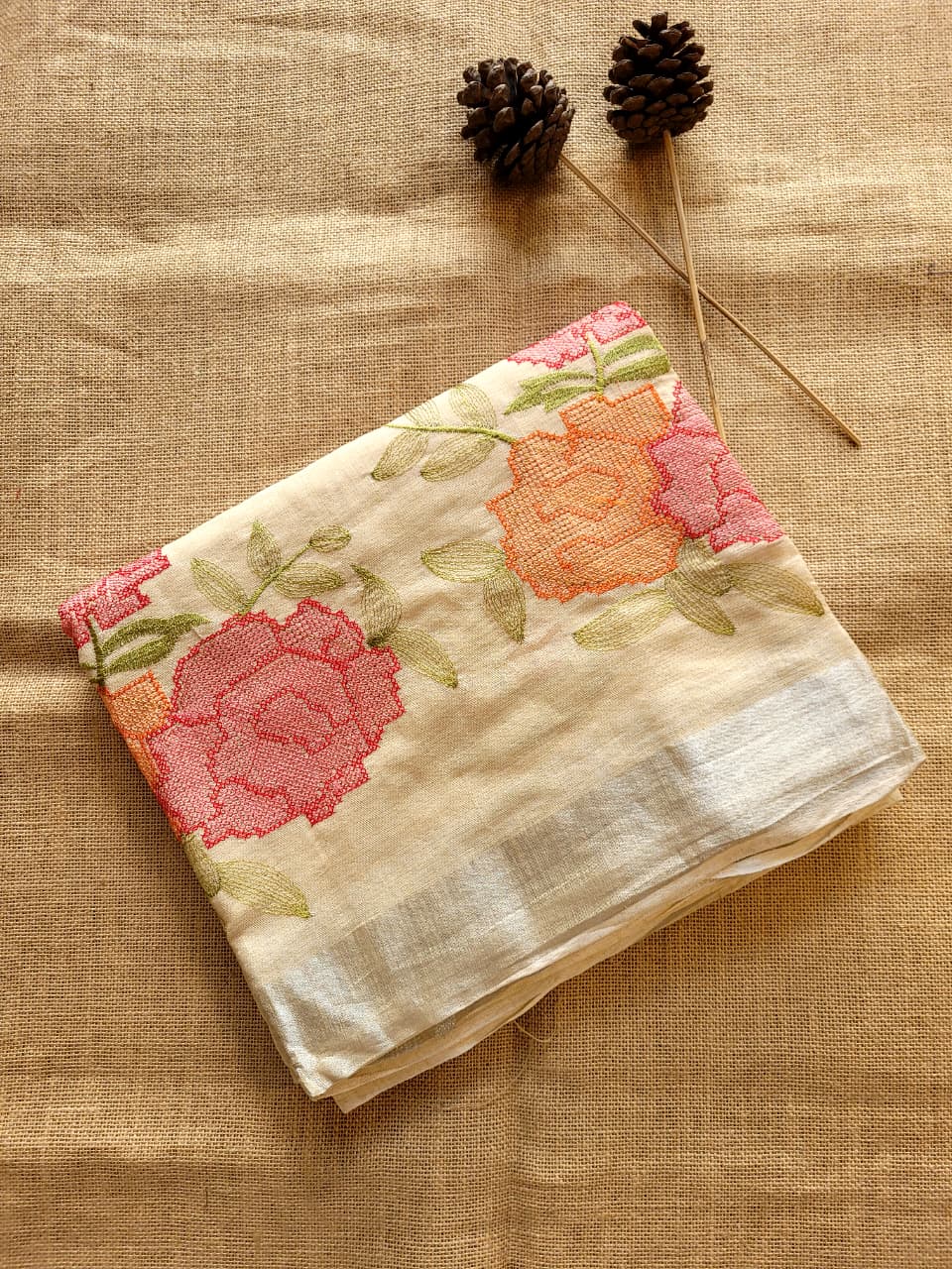Cream Triveni Mul Saree