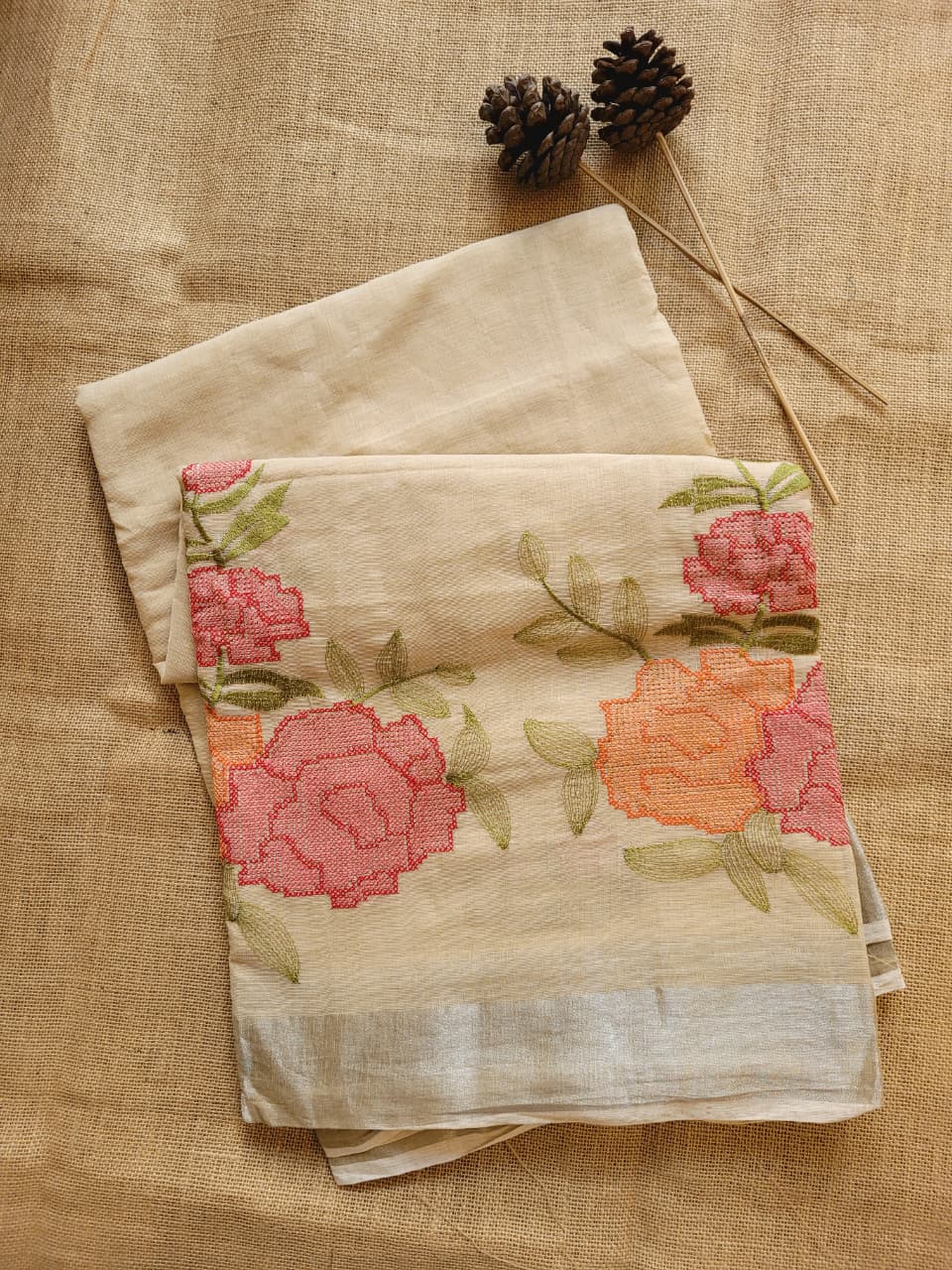 Cream Triveni Mul Saree