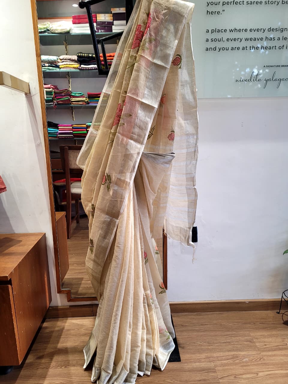 Cream Triveni Mul Saree