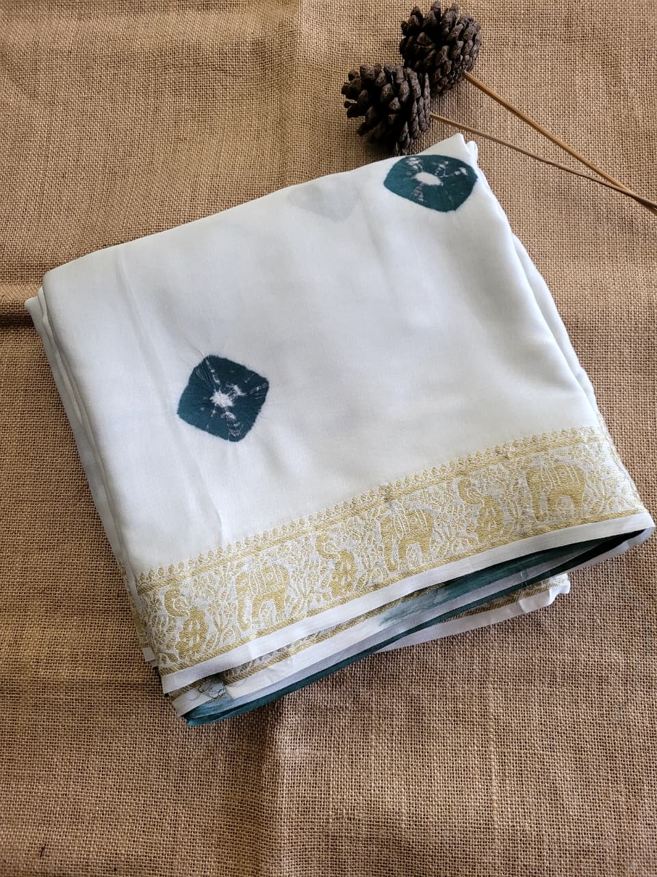 White Bandhani Modal Silk Saree