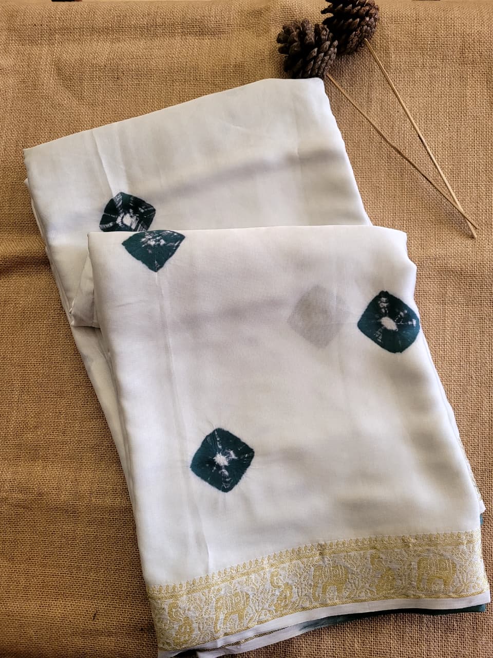 White Bandhani Modal Silk Saree