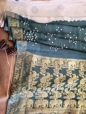 White Bandhani Modal Silk Saree