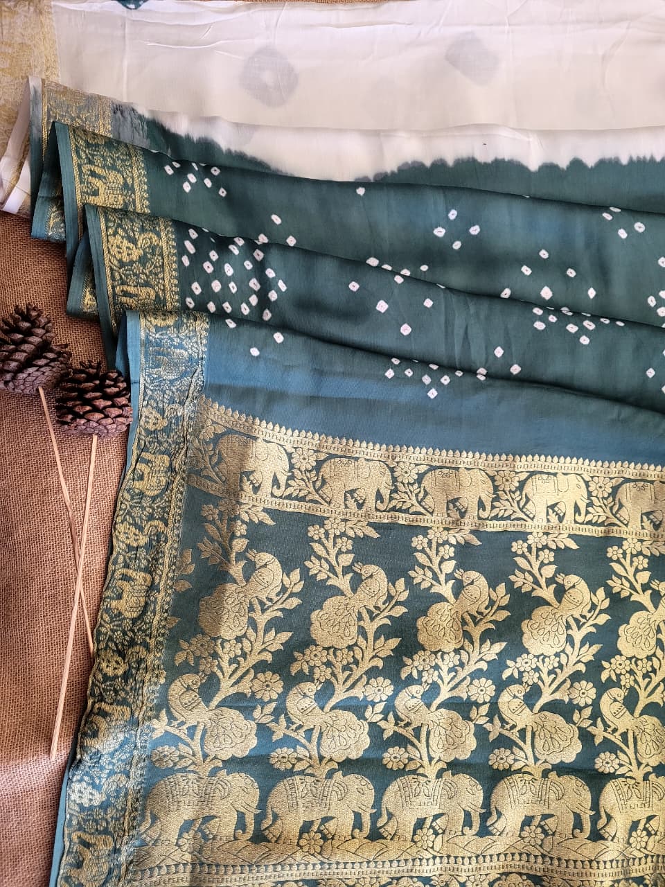 White Bandhani Modal Silk Saree