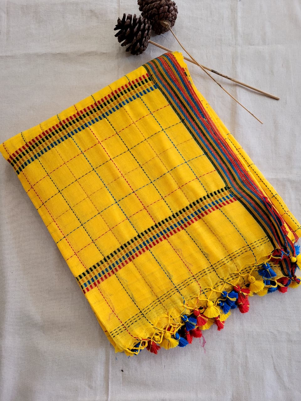 Yellow Cotton Kantha Saree