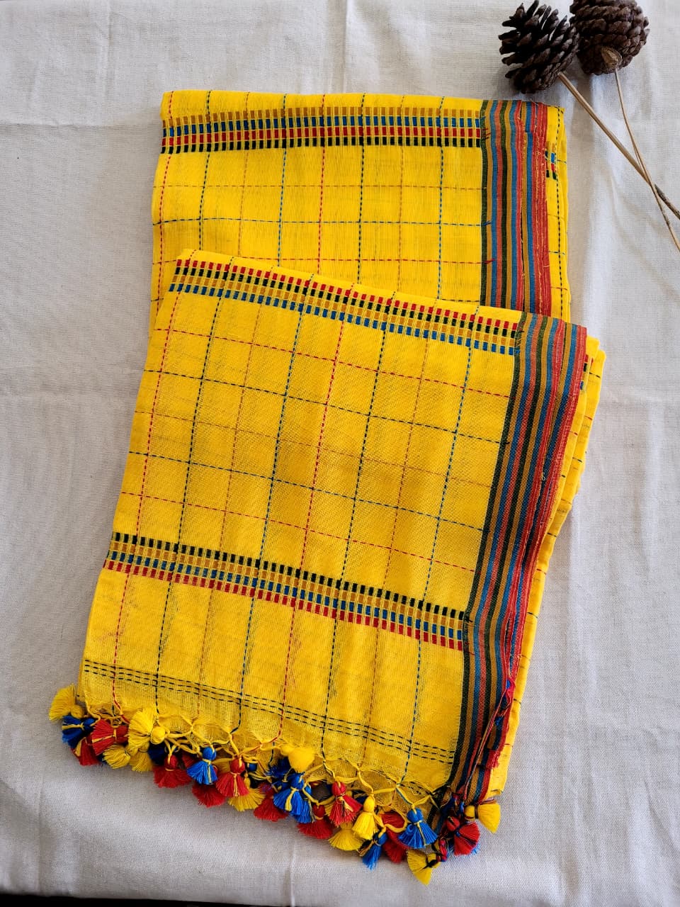 Yellow Cotton Kantha Saree