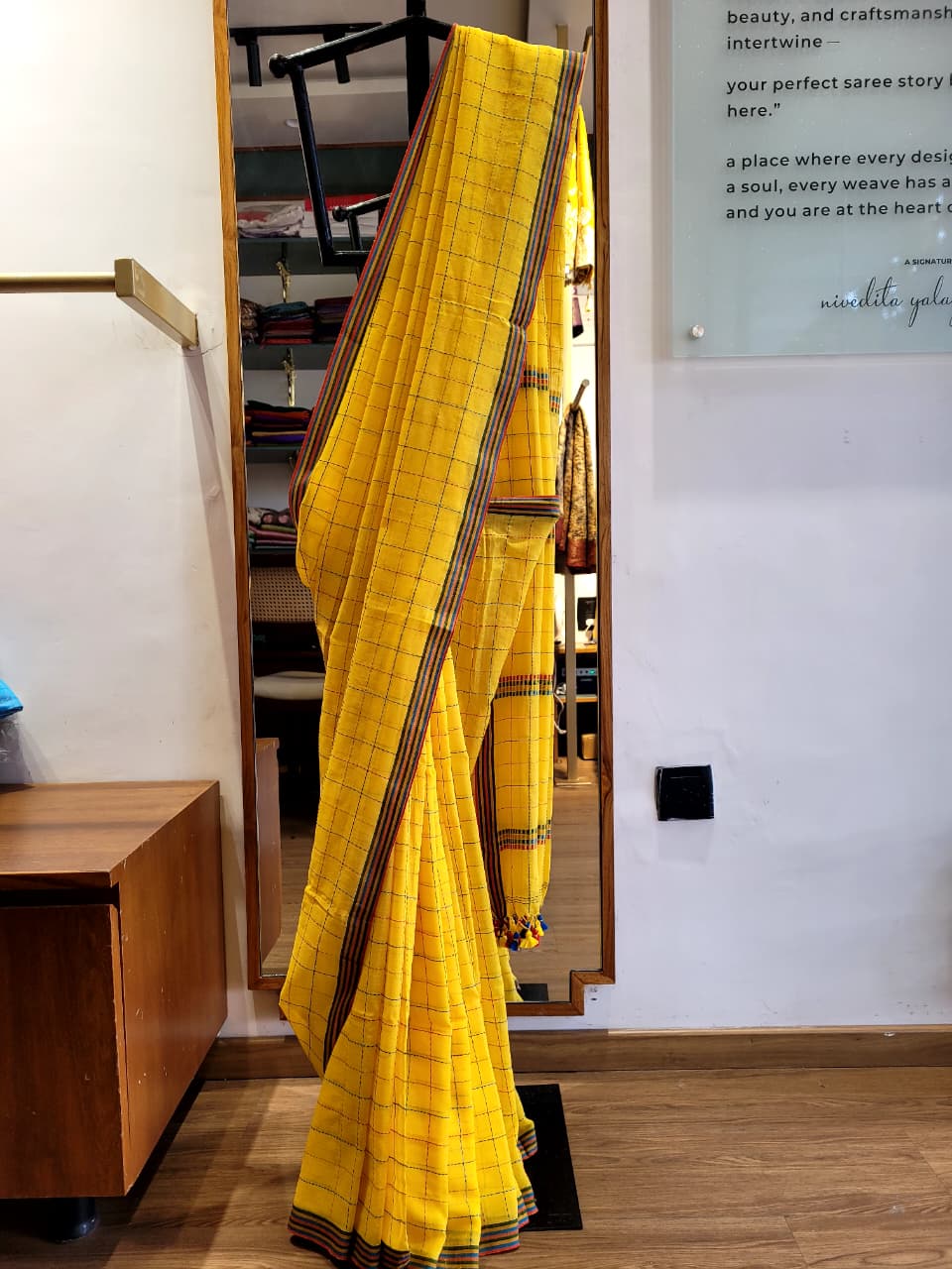 Yellow Cotton Kantha Saree