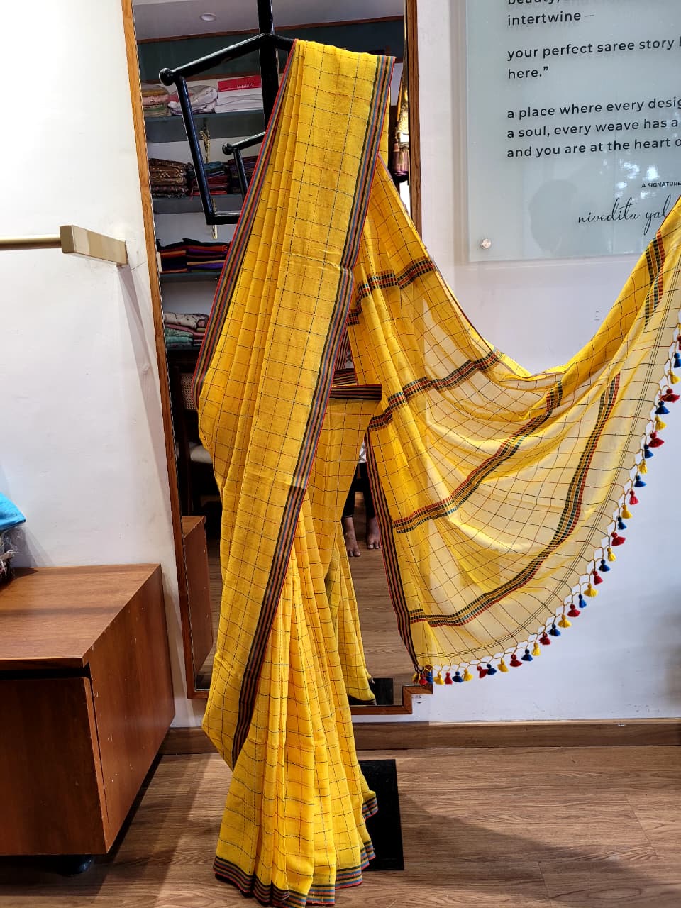 Yellow Cotton Kantha Saree