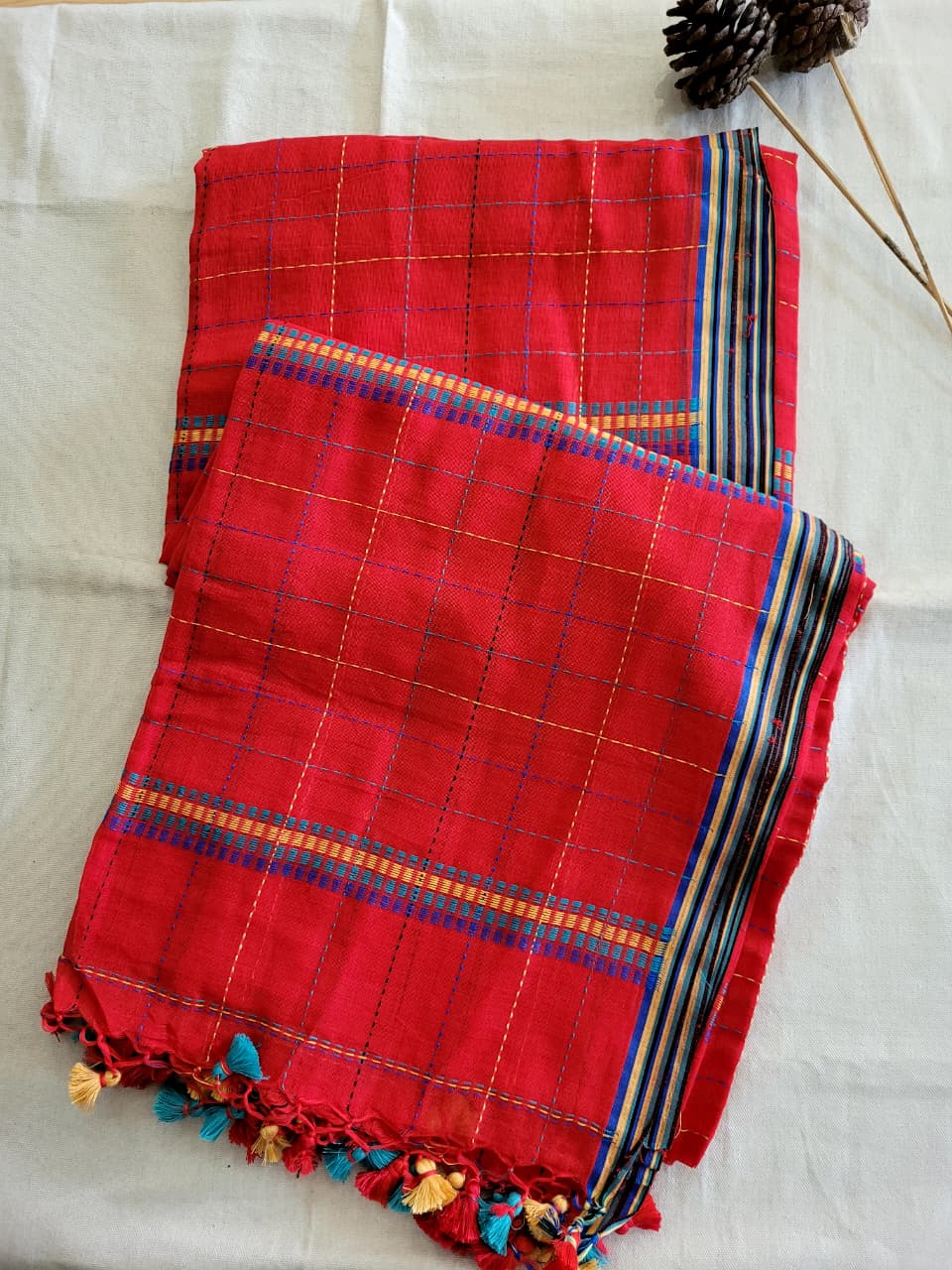 Red Cotton Kantha  saree