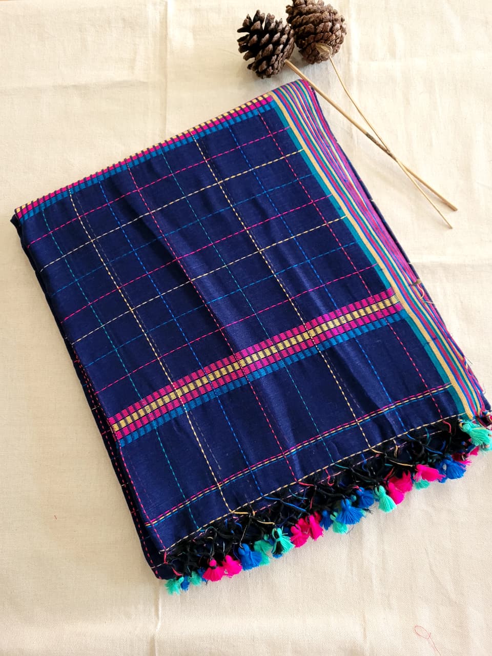 Navy Blue Cotton Kantha  saree