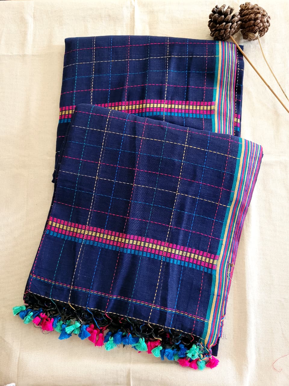 Navy Blue Cotton Kantha  saree