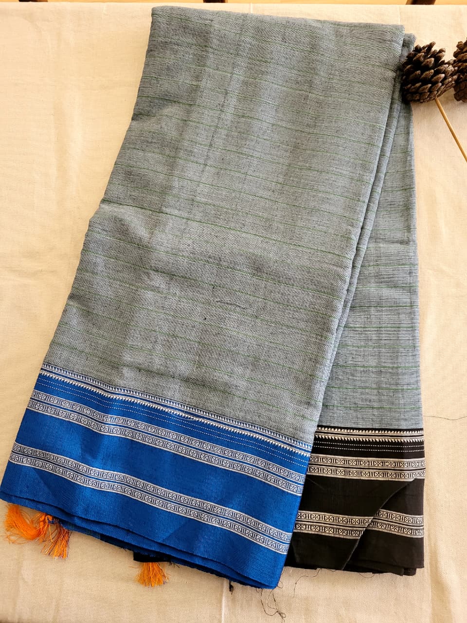 Grey Ilkal Cotton Saree Silk Pallu