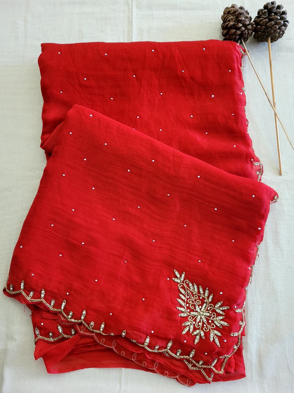 Red Cutdana Saree