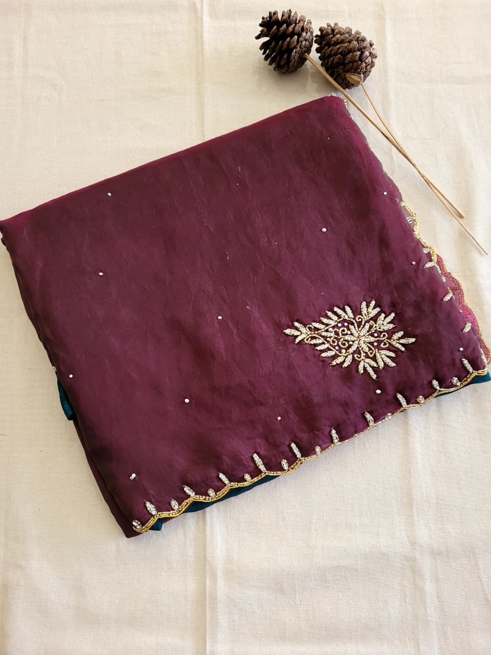 Wine Cutdana Saree