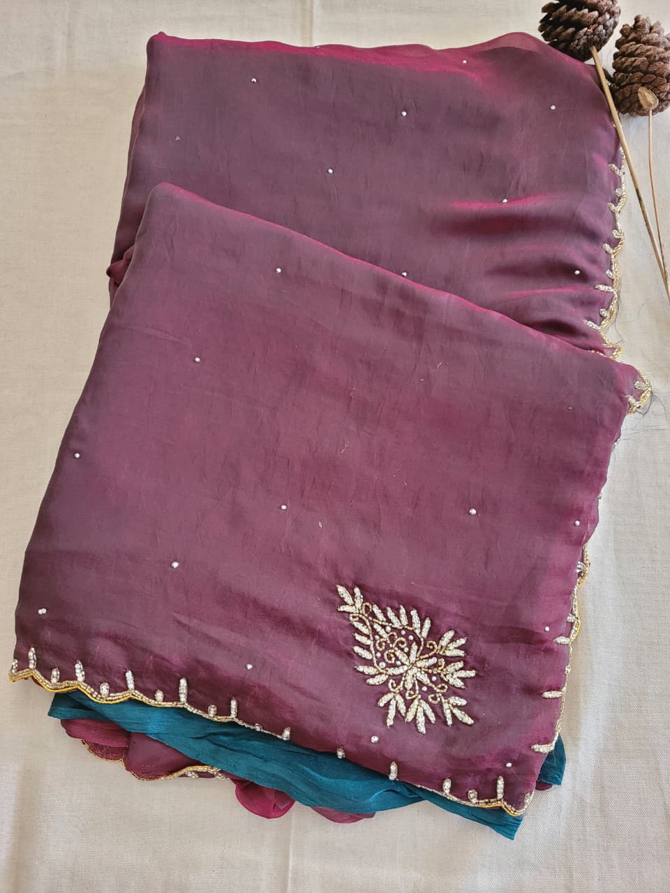 Wine Cutdana Saree