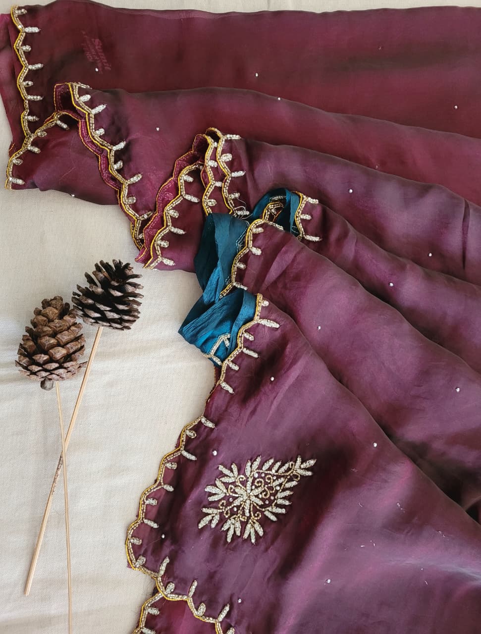Wine Cutdana Saree