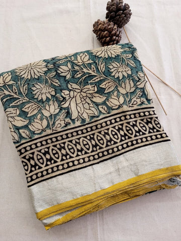 Green Linen Handblock Saree