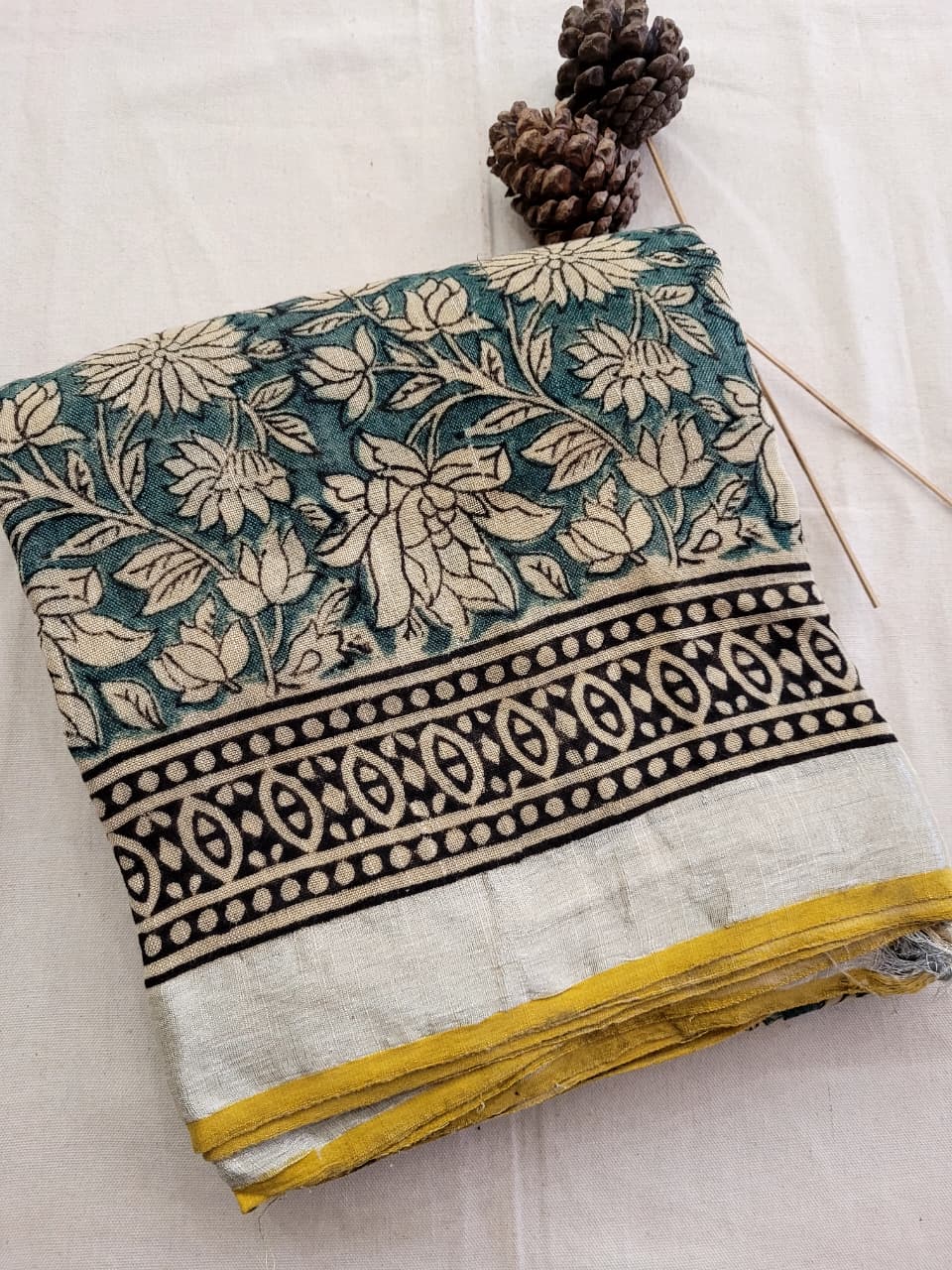 Green Linen Handblock Saree