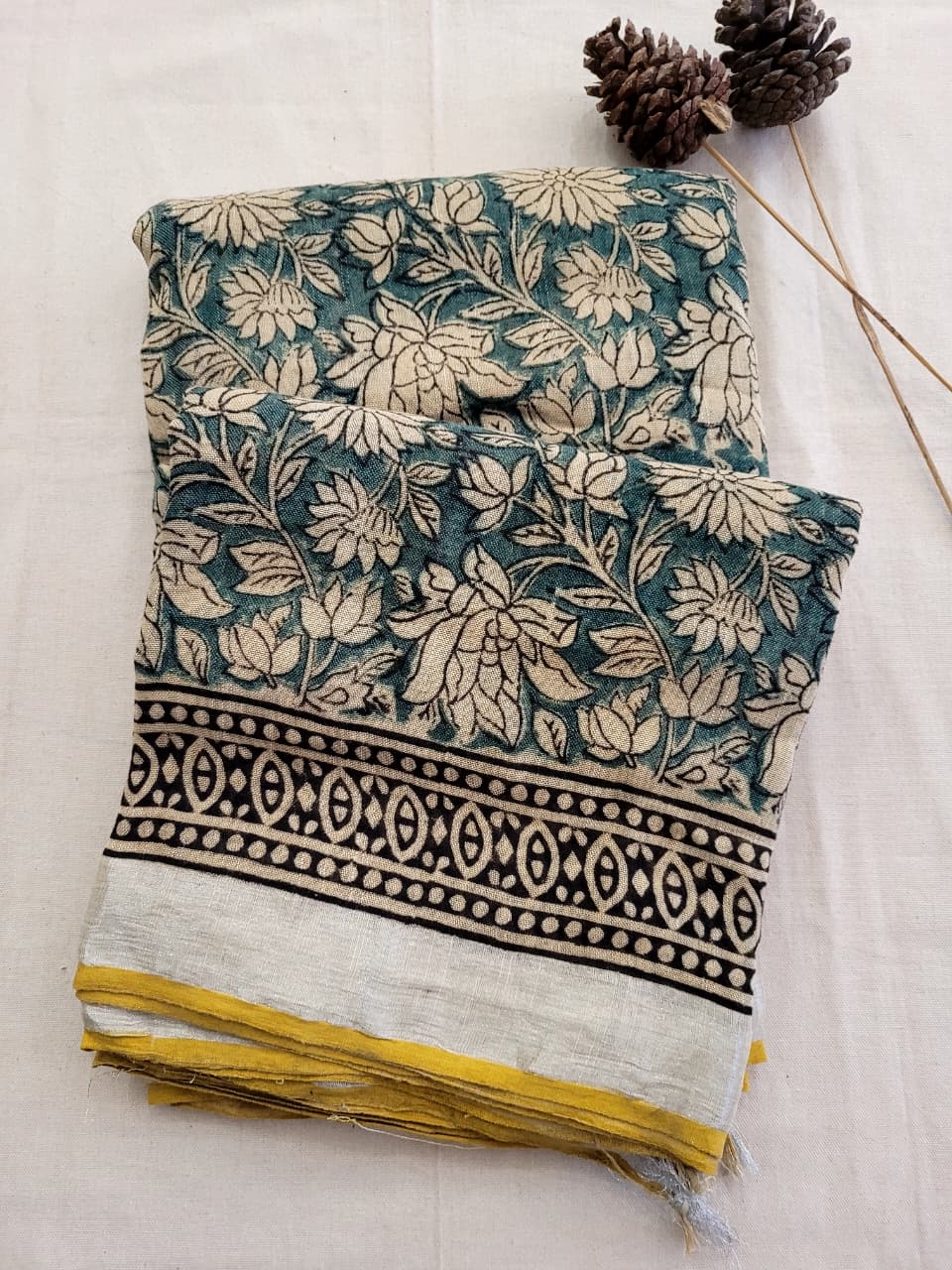 Green Linen Handblock Saree