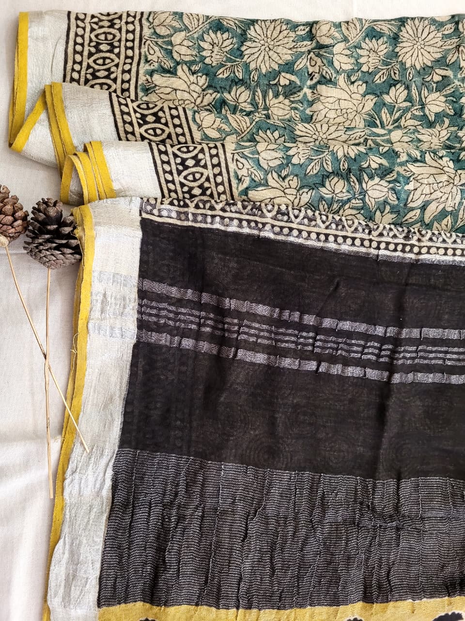 Green Linen Handblock Saree
