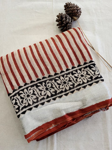 Red3 Linen Handblock Saree