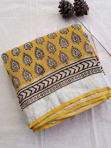 Mustard Linen Handblock Saree