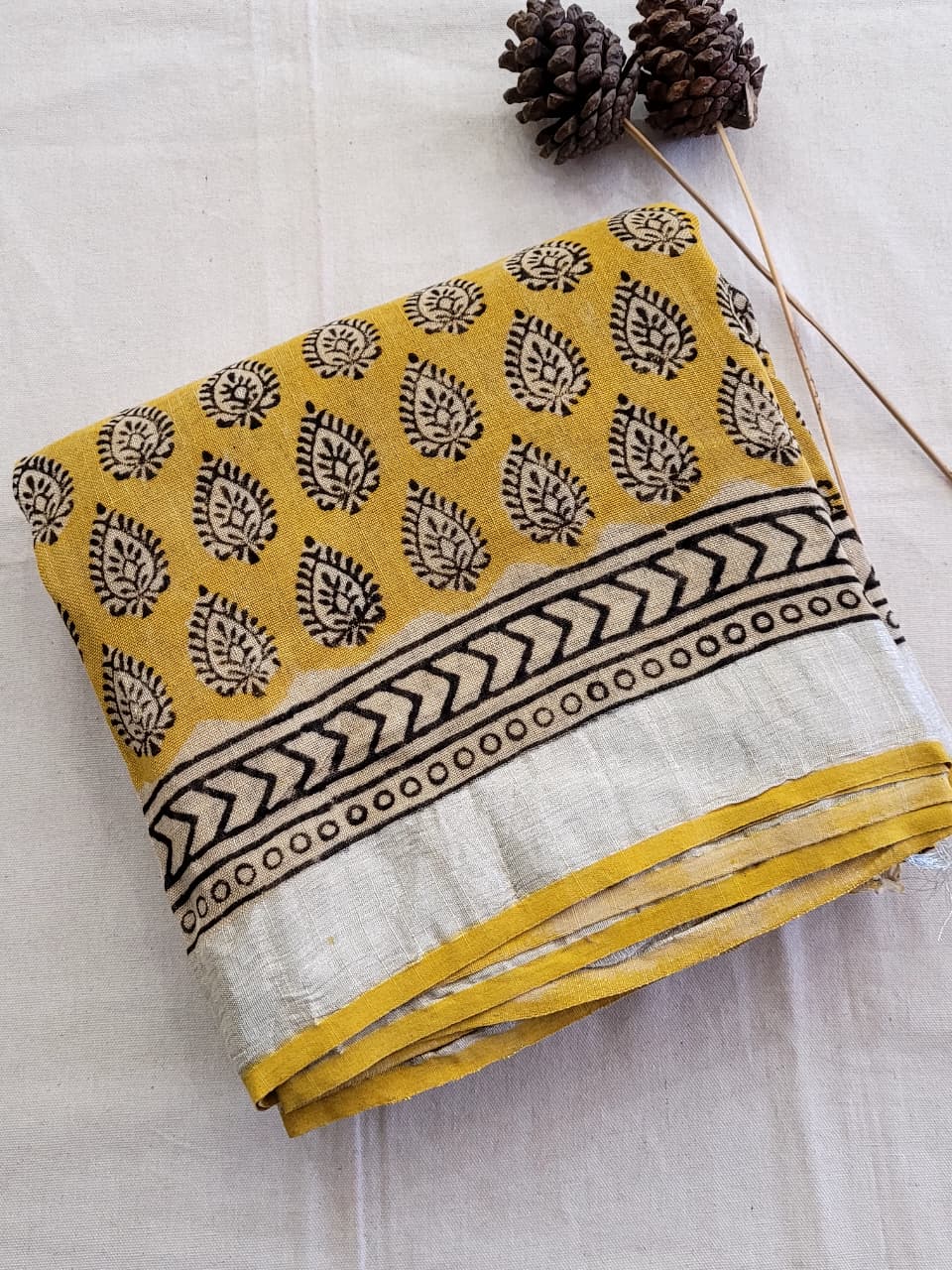 Mustard Linen Handblock Saree
