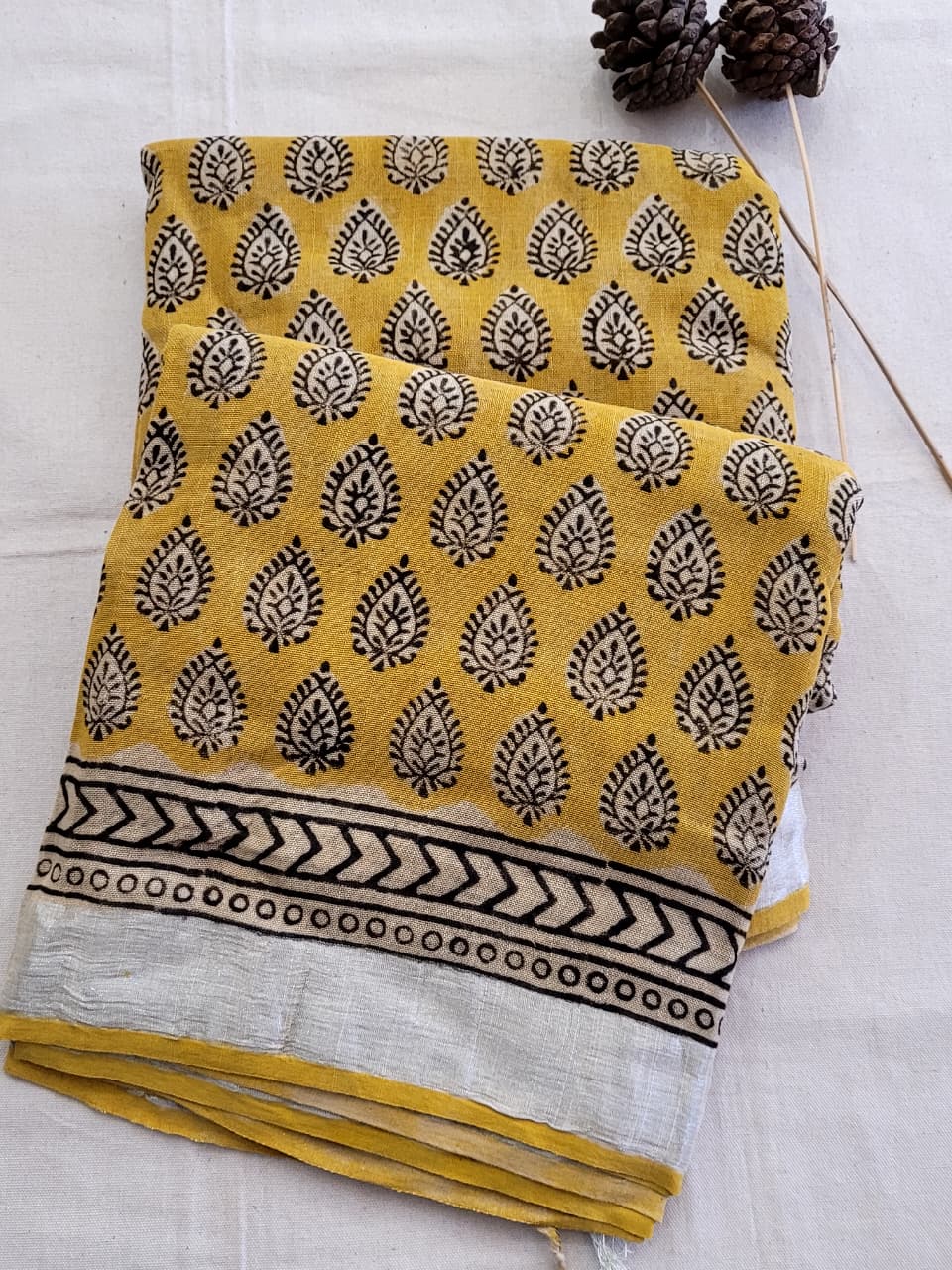Mustard Linen Handblock Saree